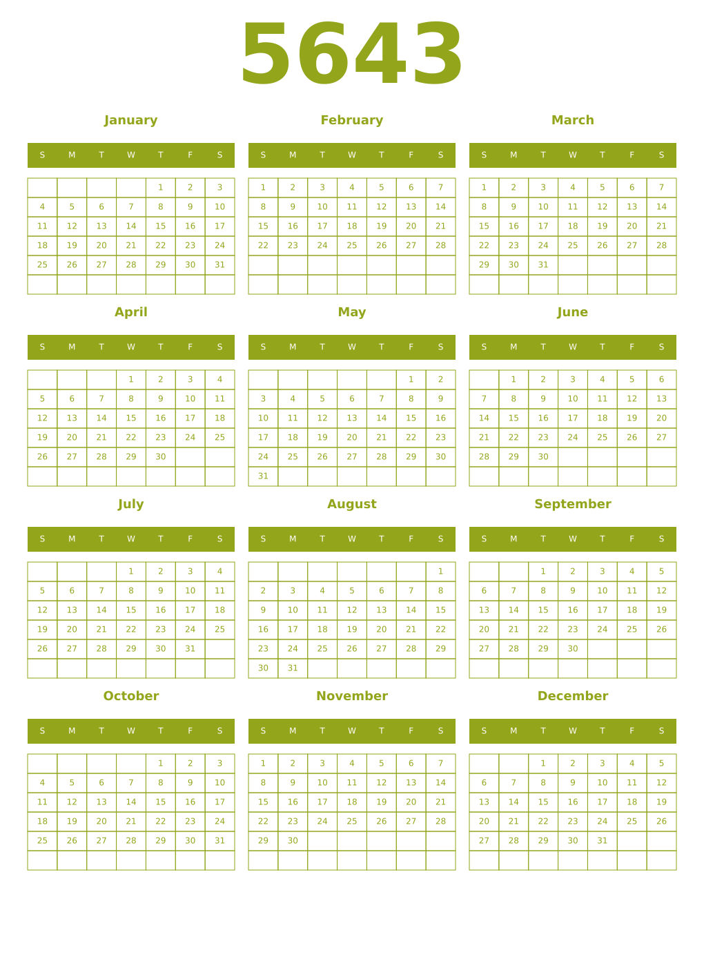 Printable 5643 Year Calendars chartreuse