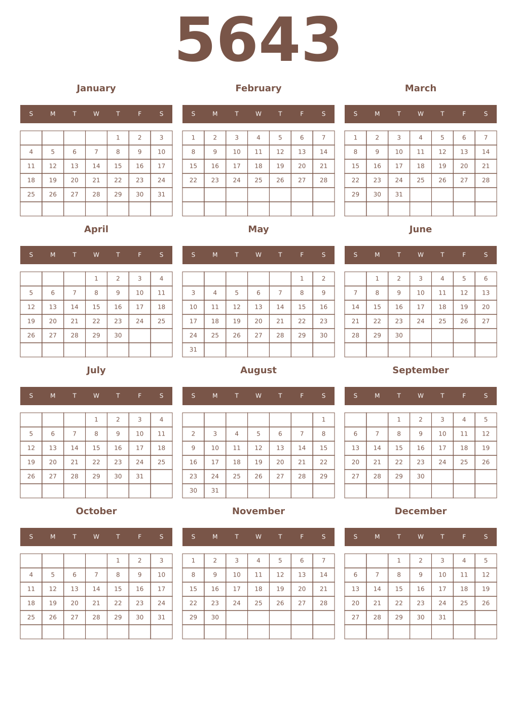 Printable 5643 Year Calendars coffe