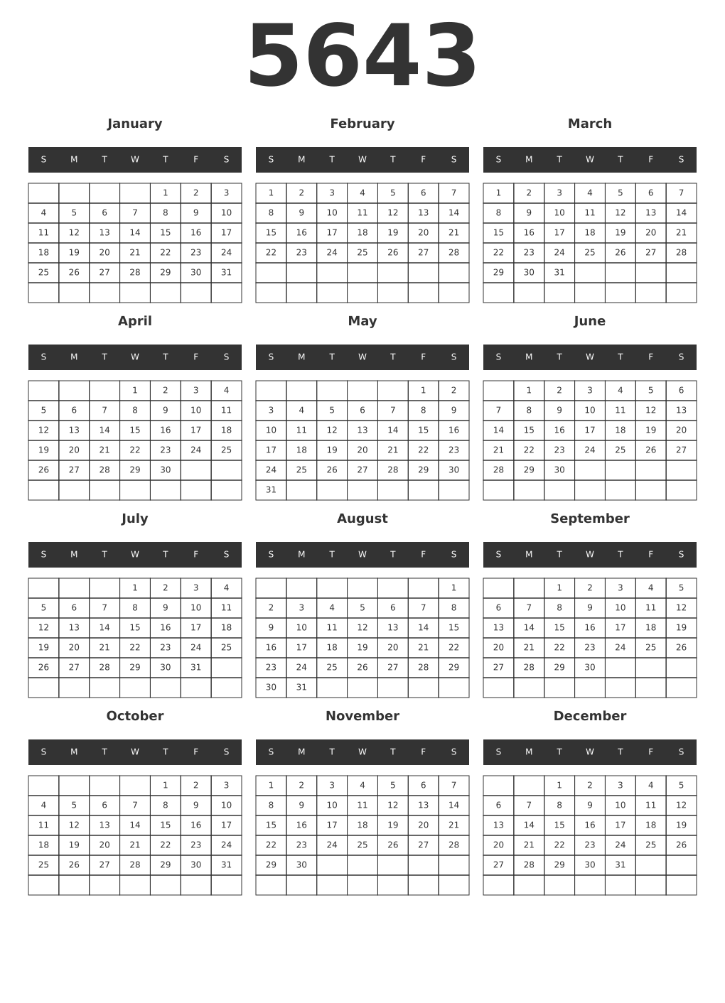 Printable 5643 Year Calendars dark