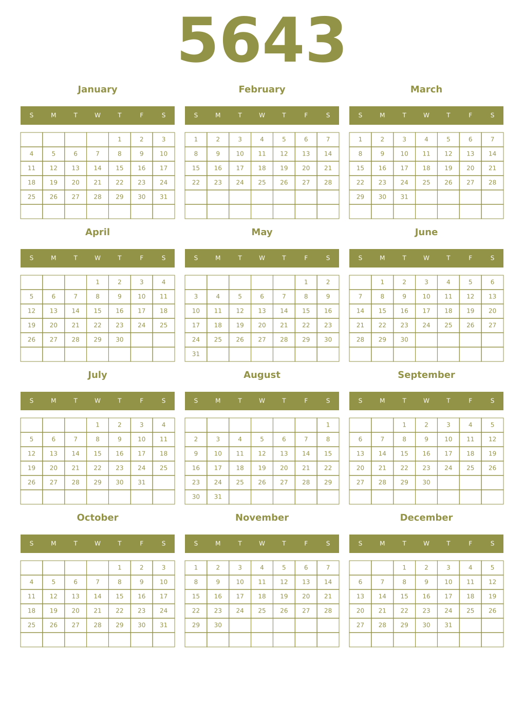 Printable 5643 Year Calendars eburnean