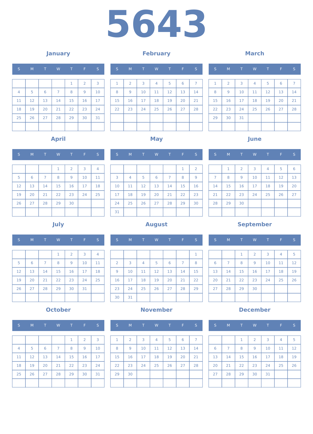 Printable 5643 Year Calendars glaucous