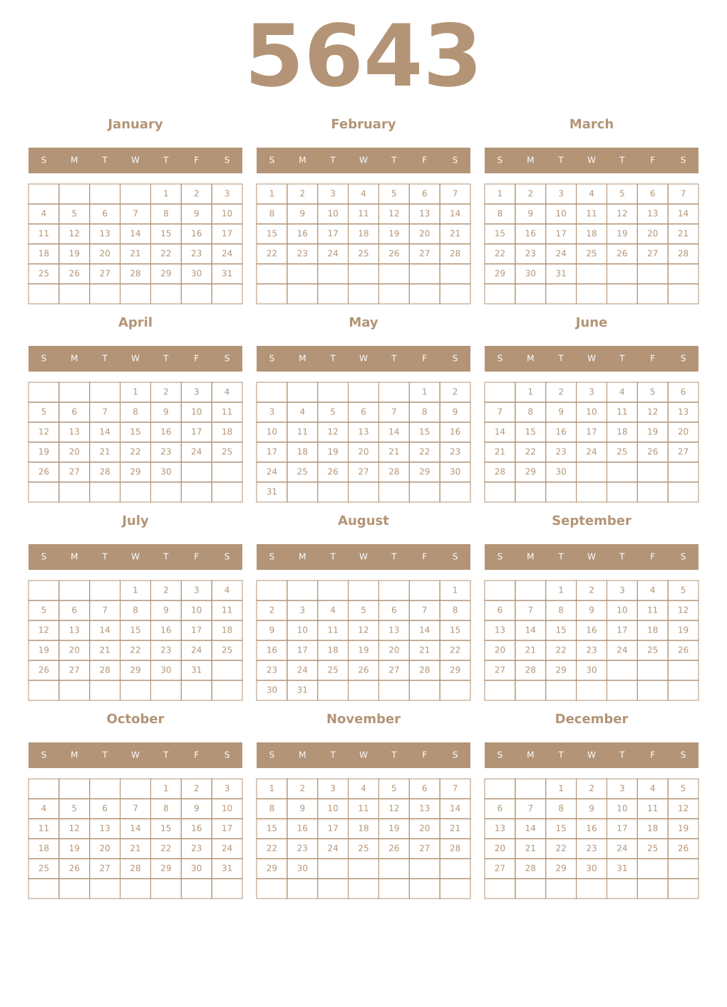 Printable 5643 Year Calendars isabelline