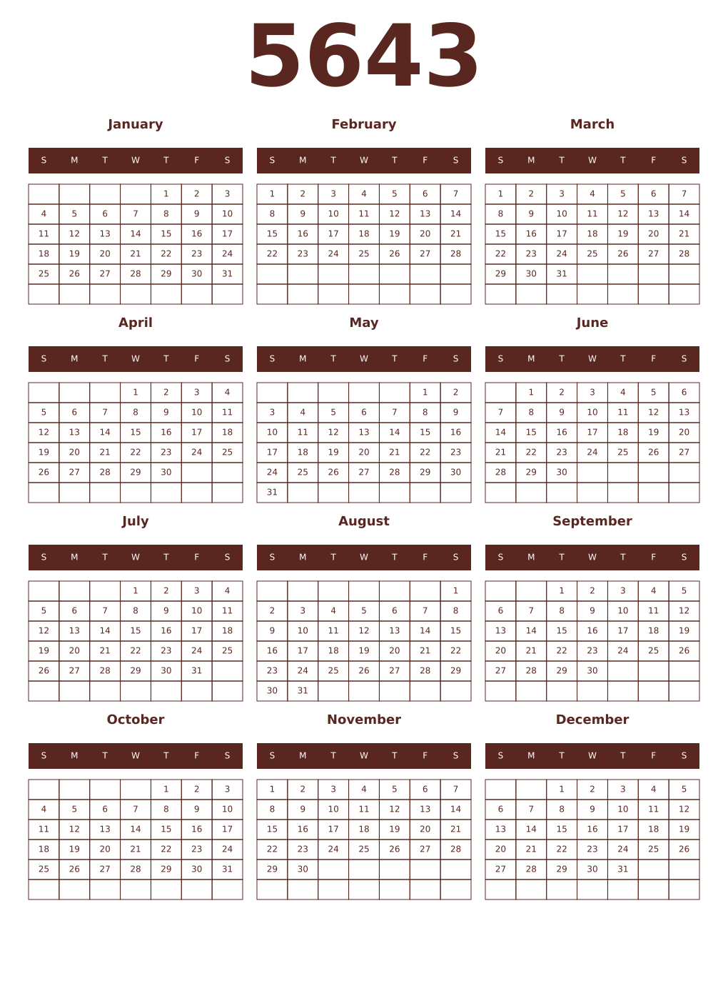Printable 5643 Year Calendars mortuum