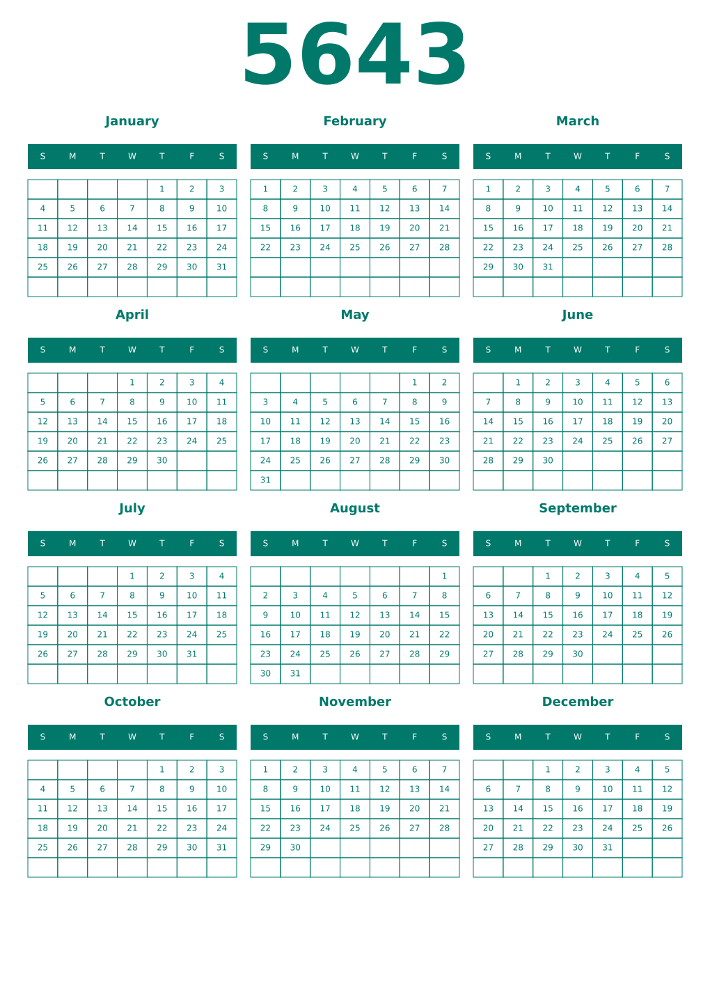 Printable 5643 Year Calendars pastel