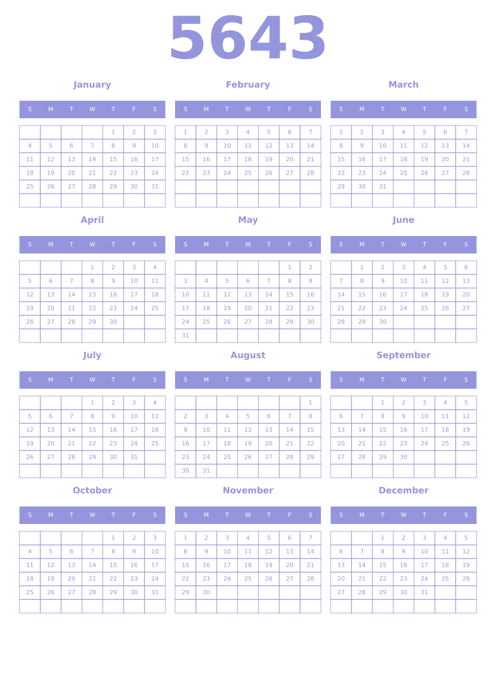 Printable 5643 Year Calendars periwinkle