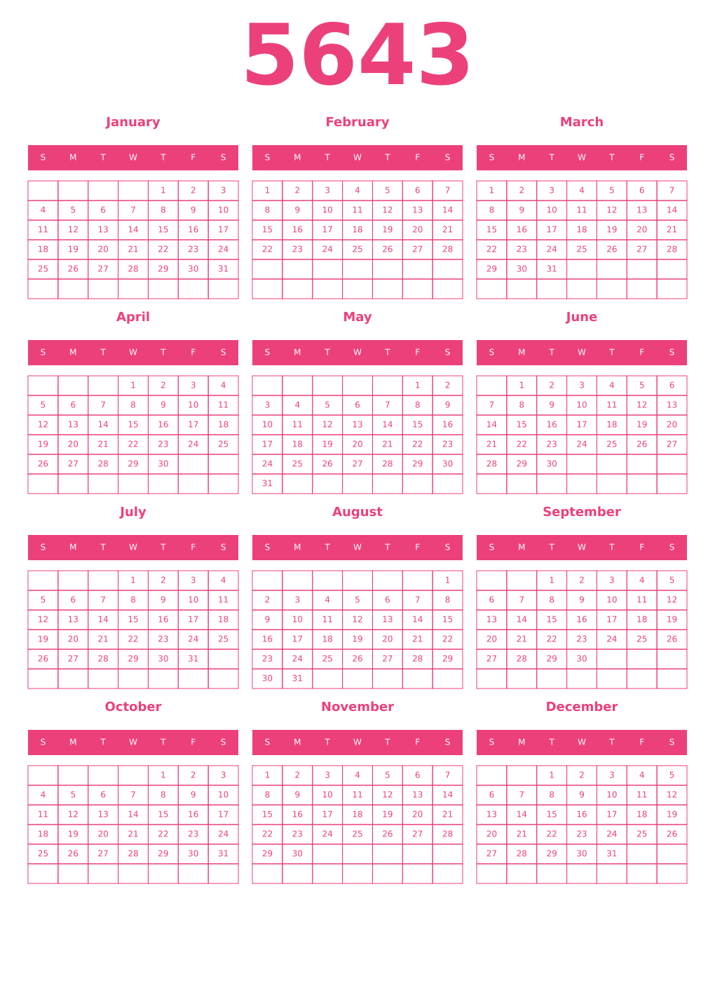 Printable 5643 Year Calendars pink