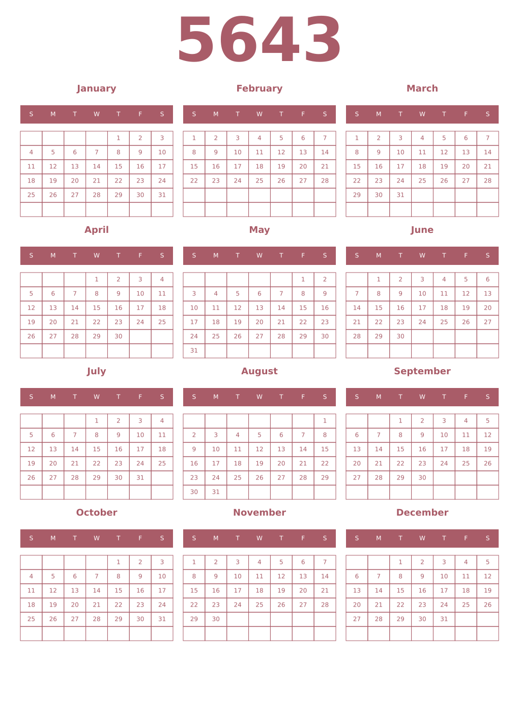 Printable 5643 Year Calendars puce