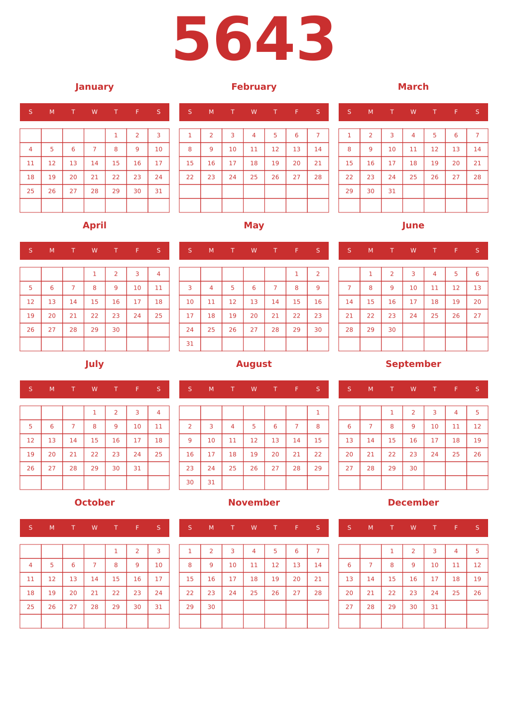 Printable 5643 Year Calendars red