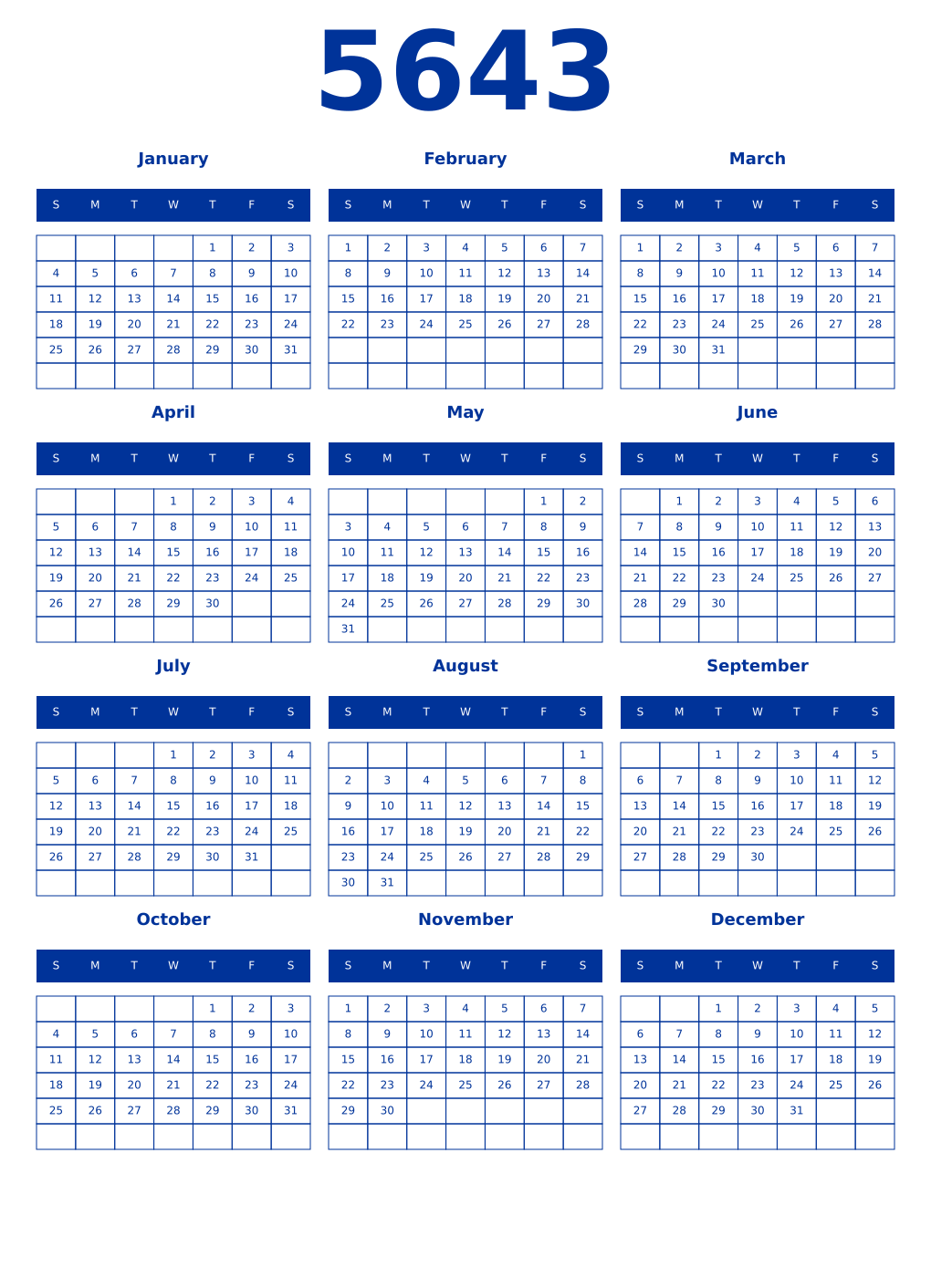 Printable 5643 Year Calendars smalt