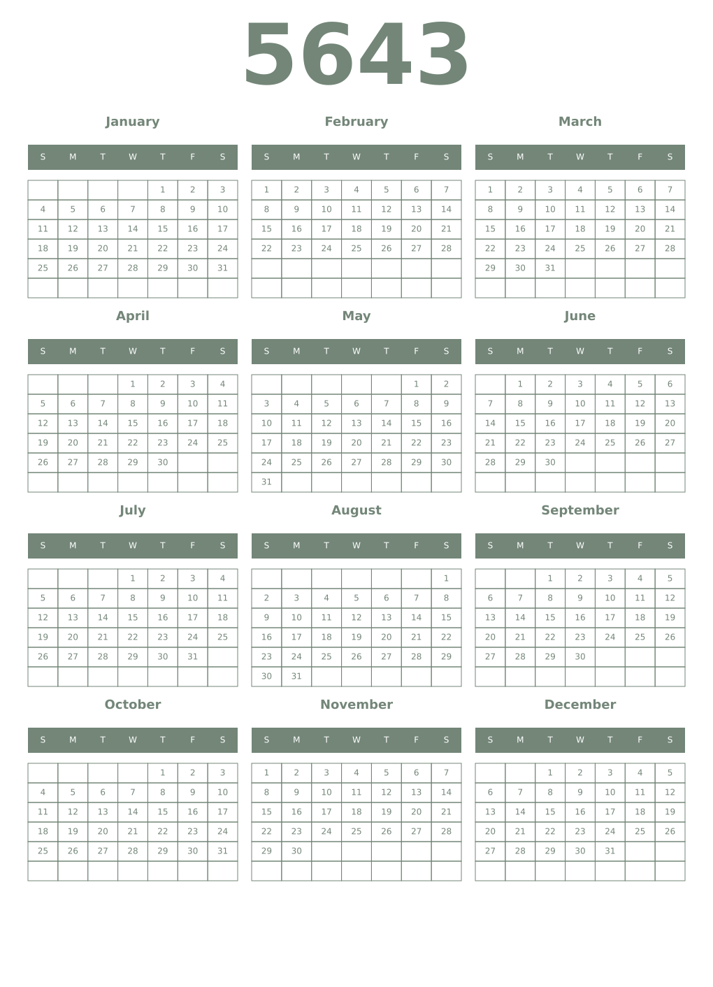 Printable 5643 Year Calendars xanadu