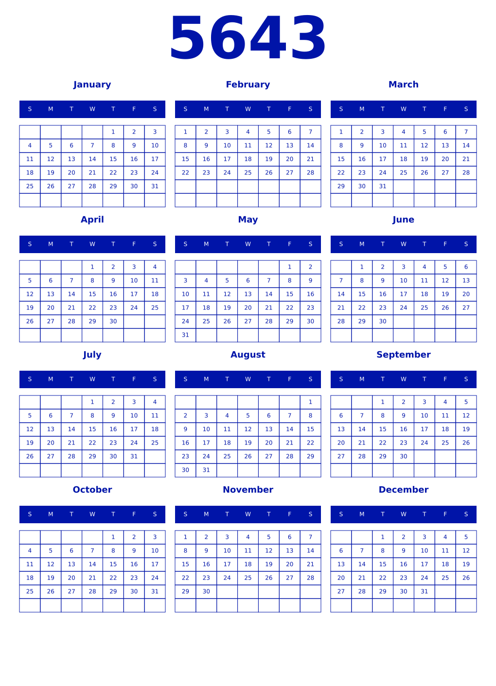 Printable 5643 Year Calendars zaffre