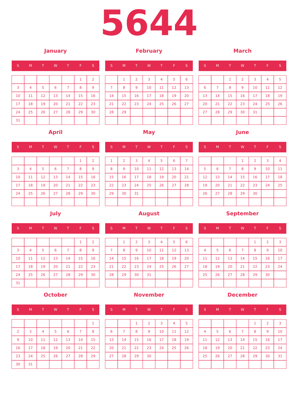Printable 5644 Year Calendars amaranth