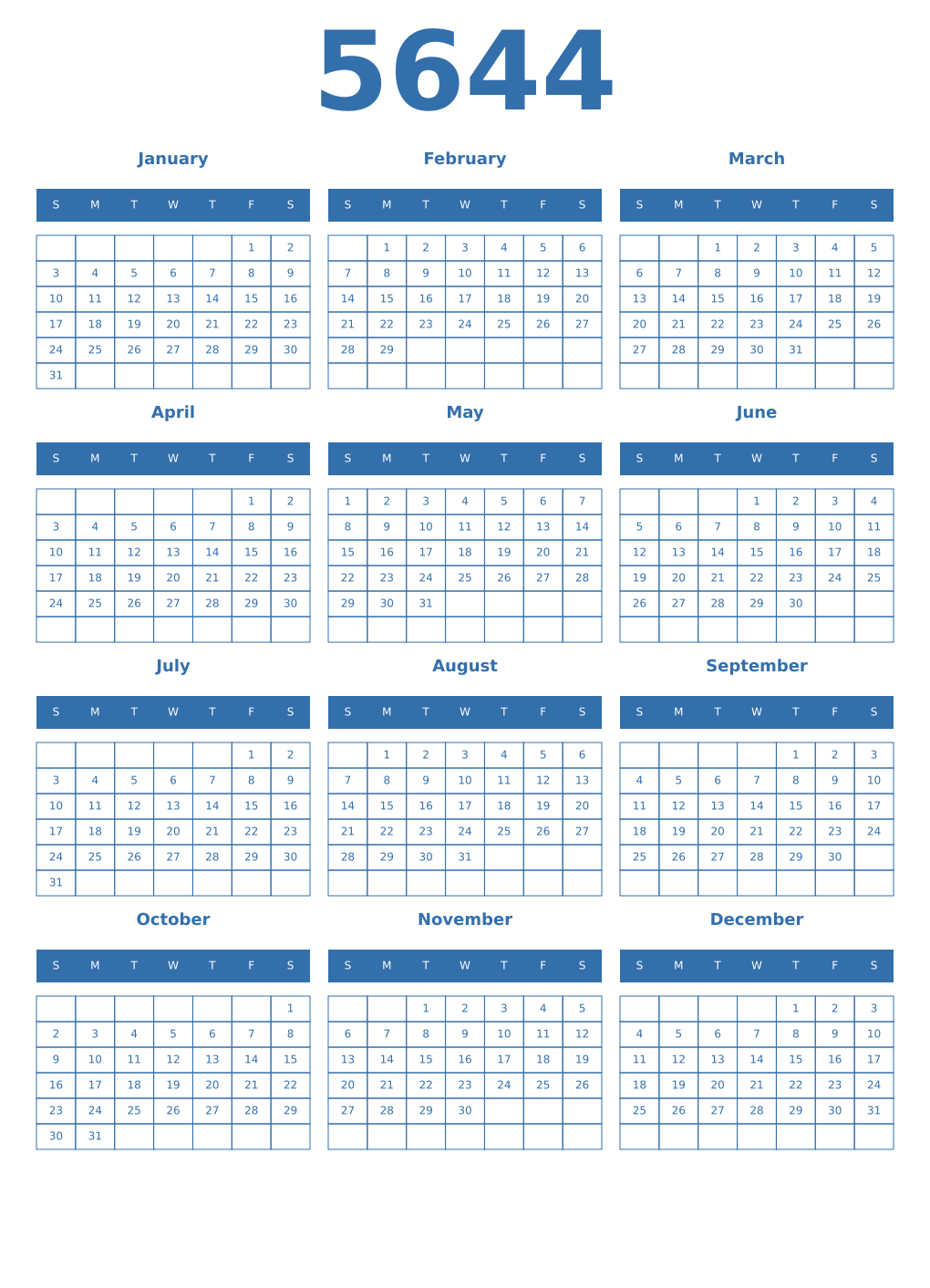 Printable 5644 Year Calendars blue