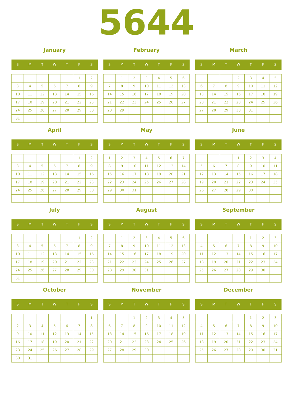 Printable 5644 Year Calendars chartreuse