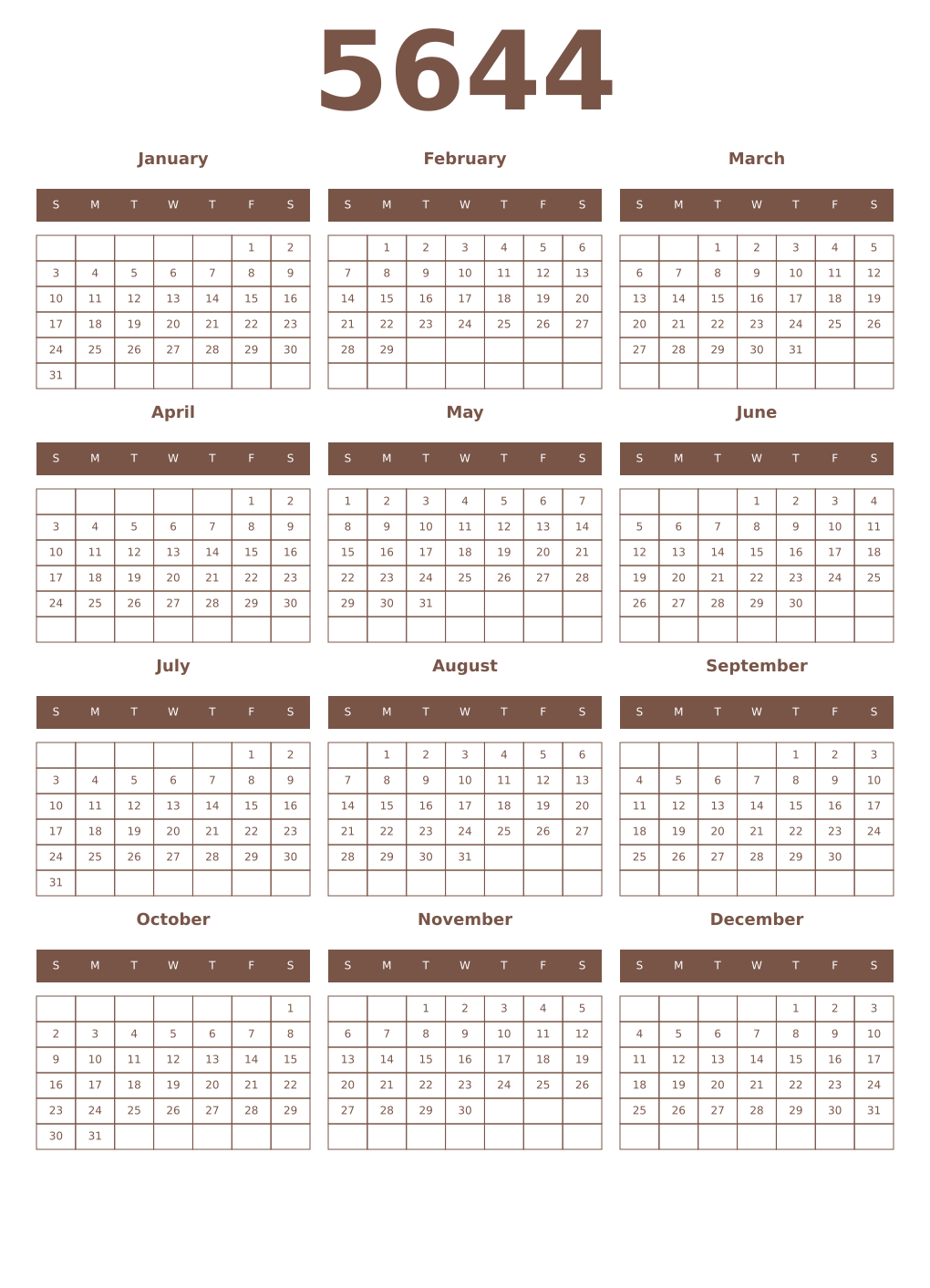Printable 5644 Year Calendars coffe