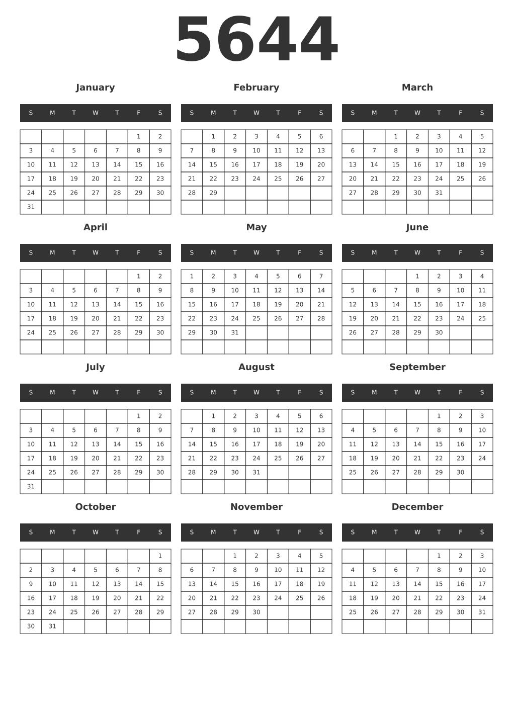 Printable 5644 Year Calendars dark