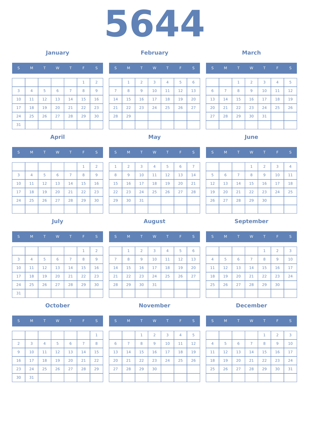 Printable 5644 Year Calendars glaucous