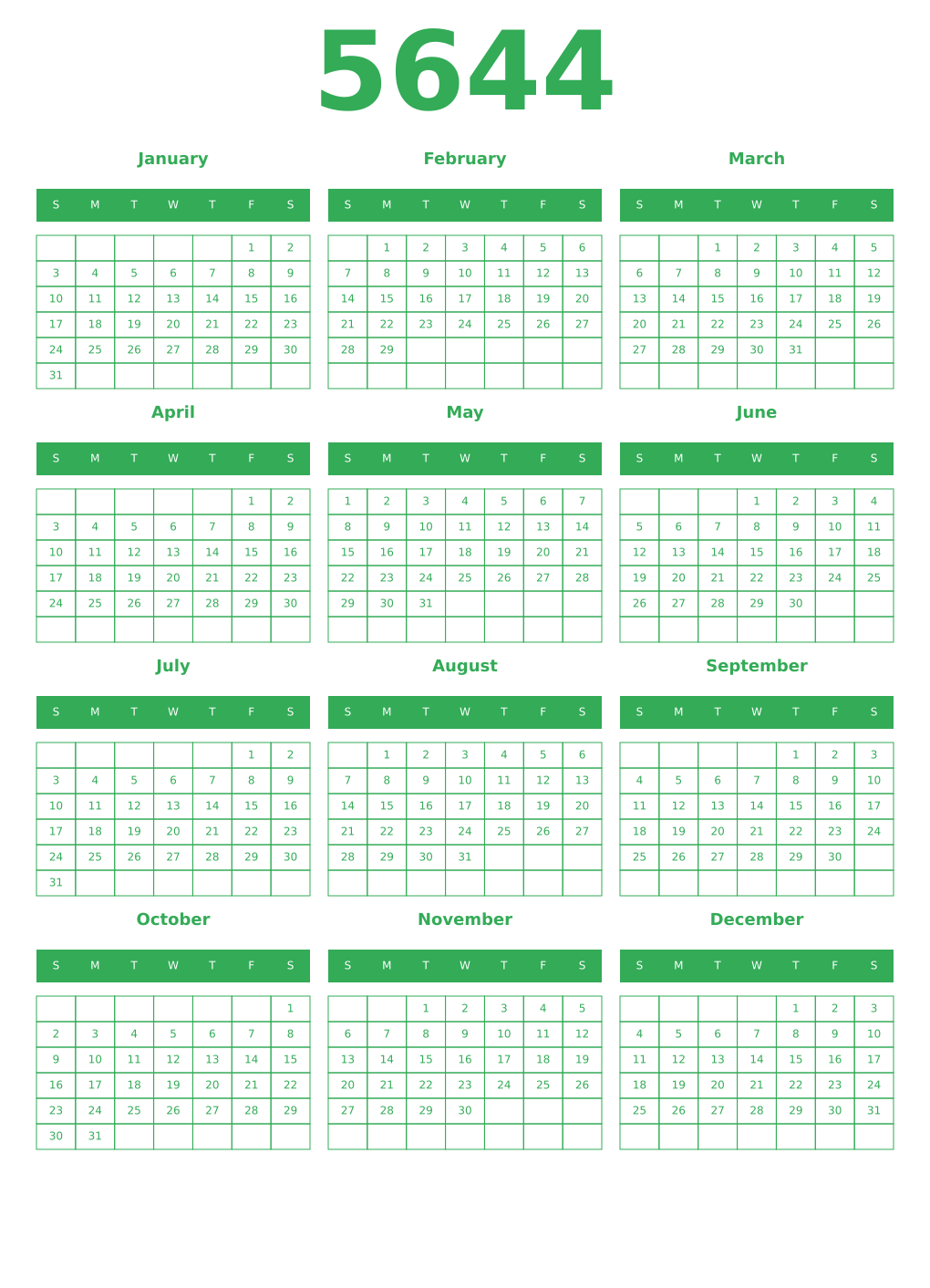 Printable 5644 Year Calendars green