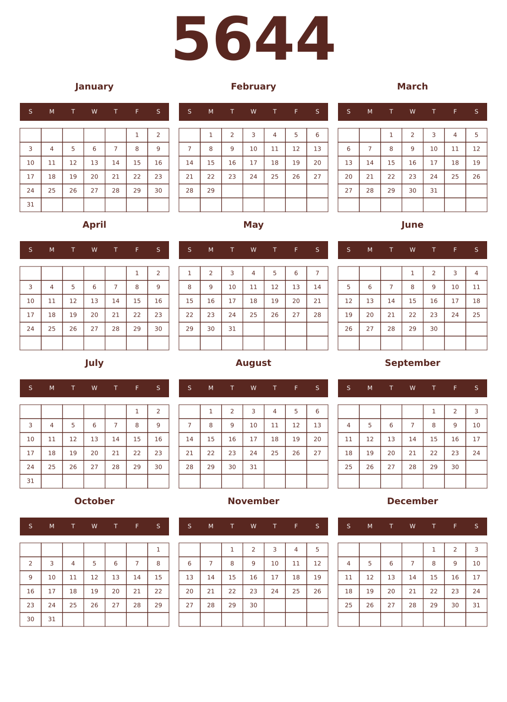 Printable 5644 Year Calendars mortuum