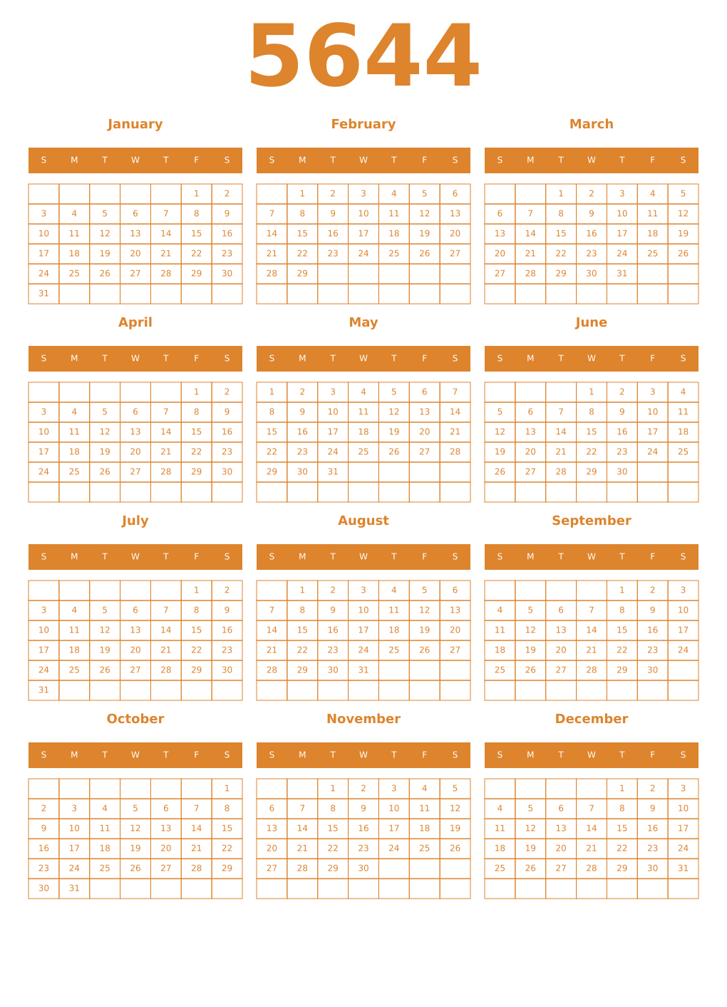 Printable 5644 Year Calendars orange