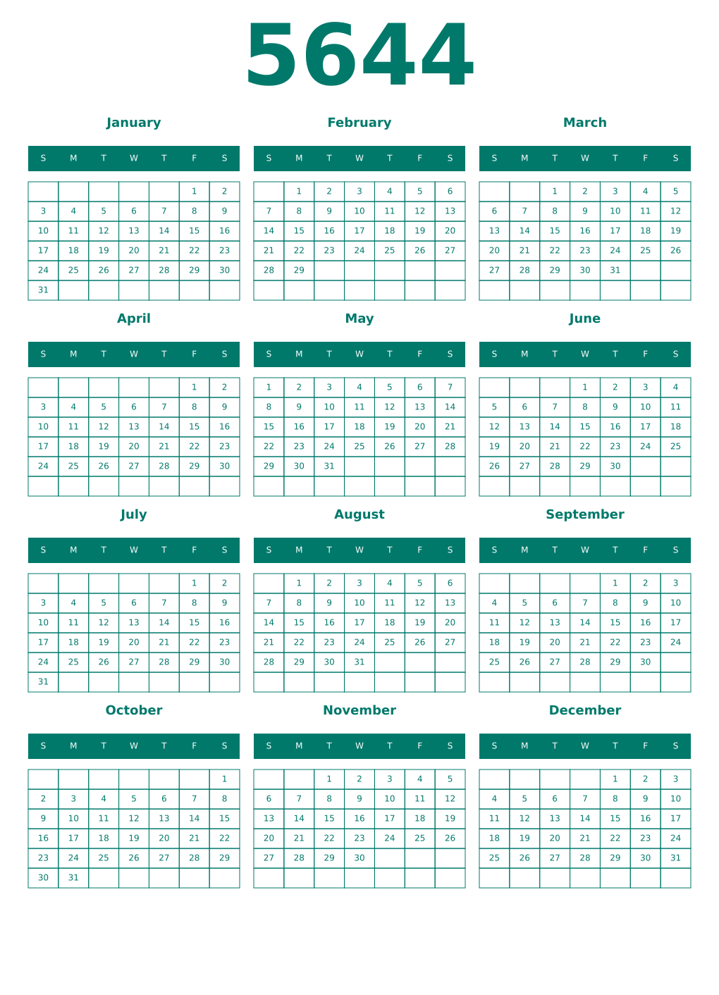 Printable 5644 Year Calendars pastel