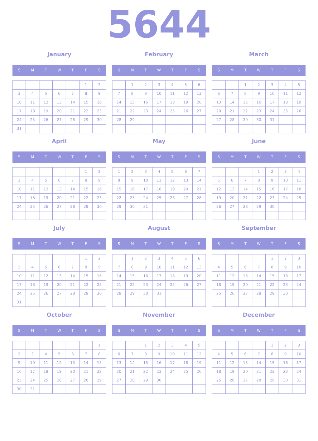Printable 5644 Year Calendars periwinkle