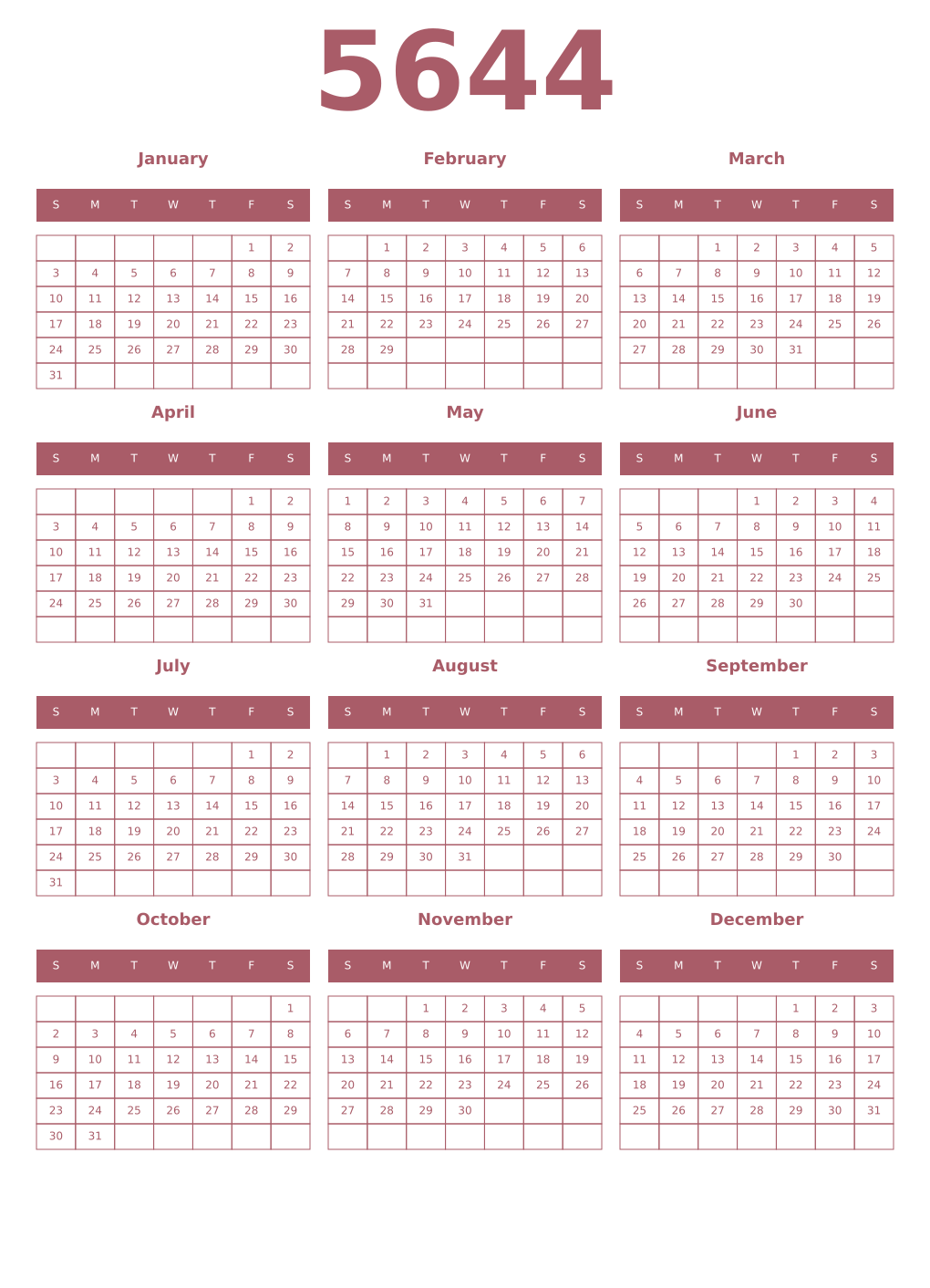 Printable 5644 Year Calendars puce