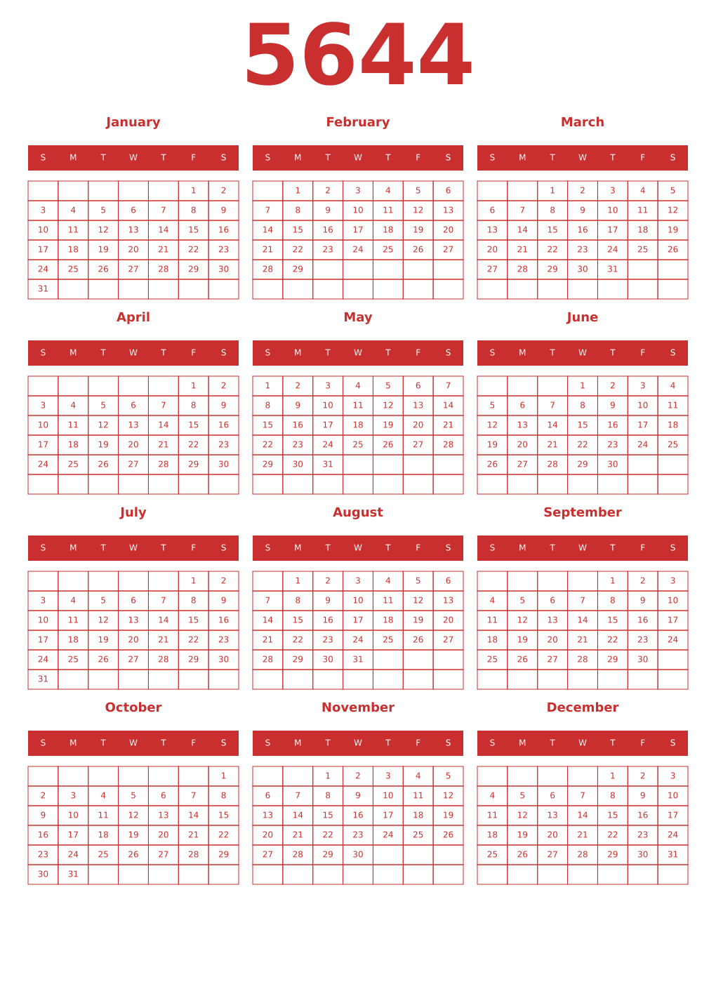 Printable 5644 Year Calendars red