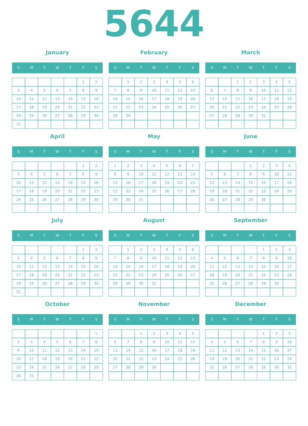 Printable 5644 Year Calendars verdigris