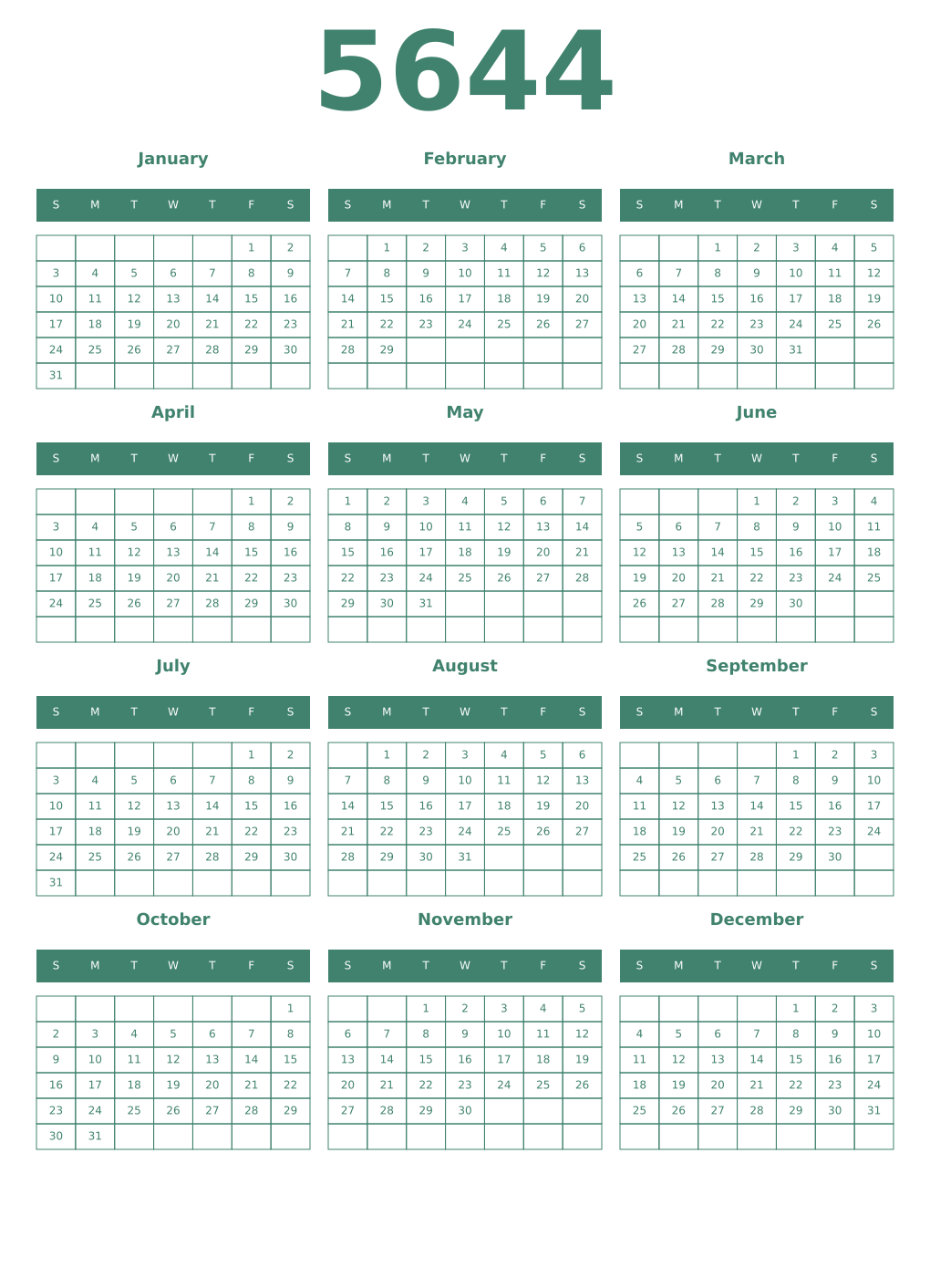 Printable 5644 Year Calendars viridian