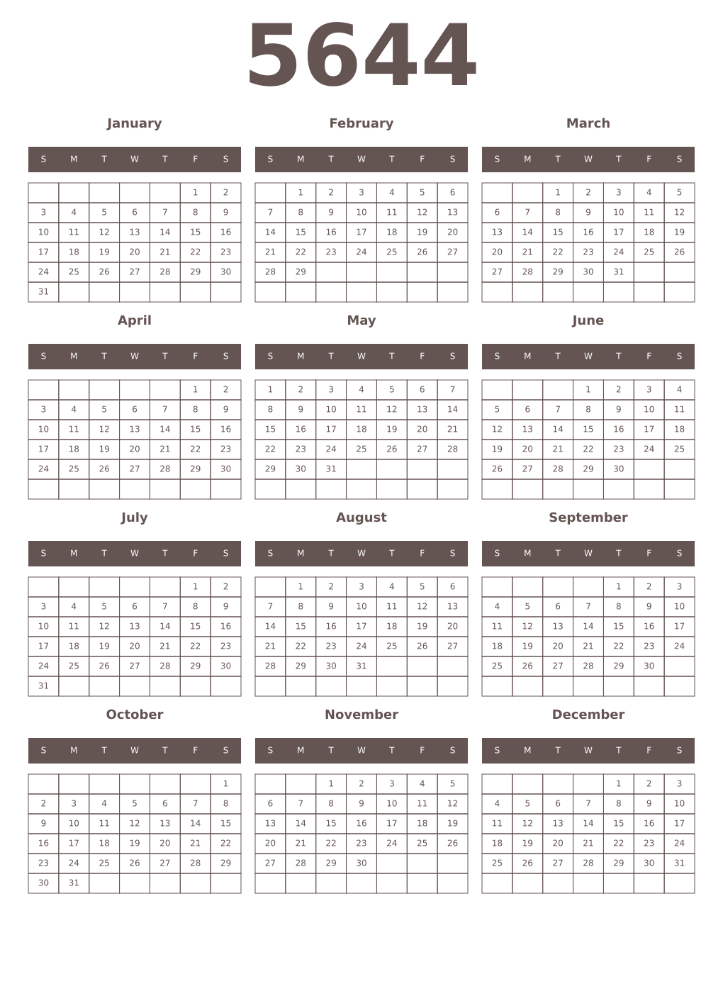 Printable 5644 Year Calendars wenge