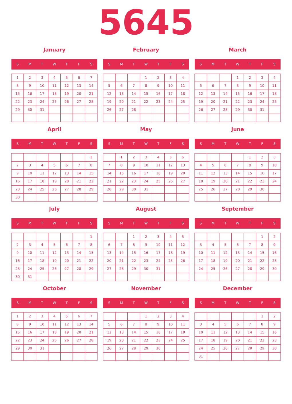 Printable 5645 Year Calendars amaranth