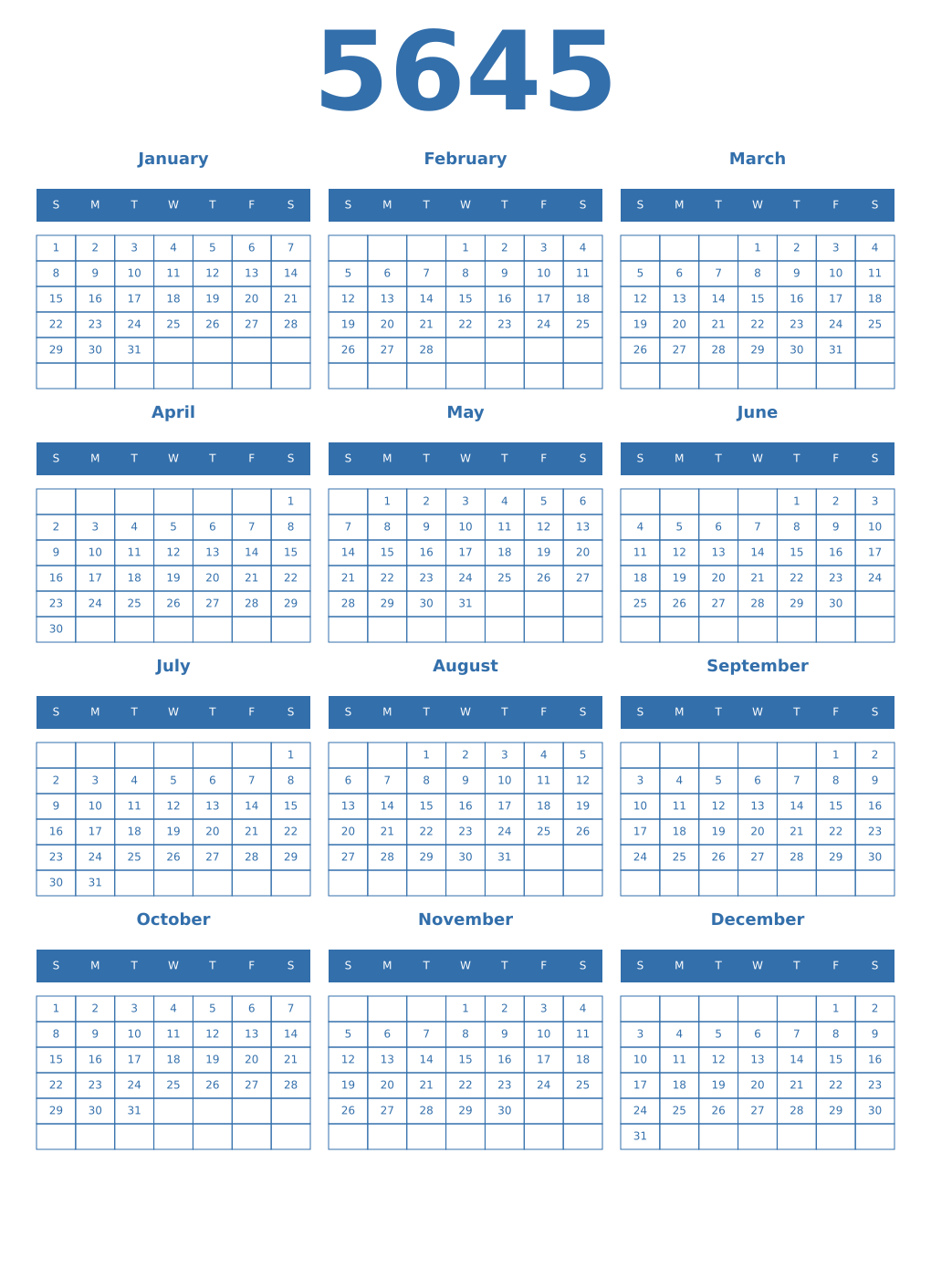 Printable 5645 Year Calendars blue
