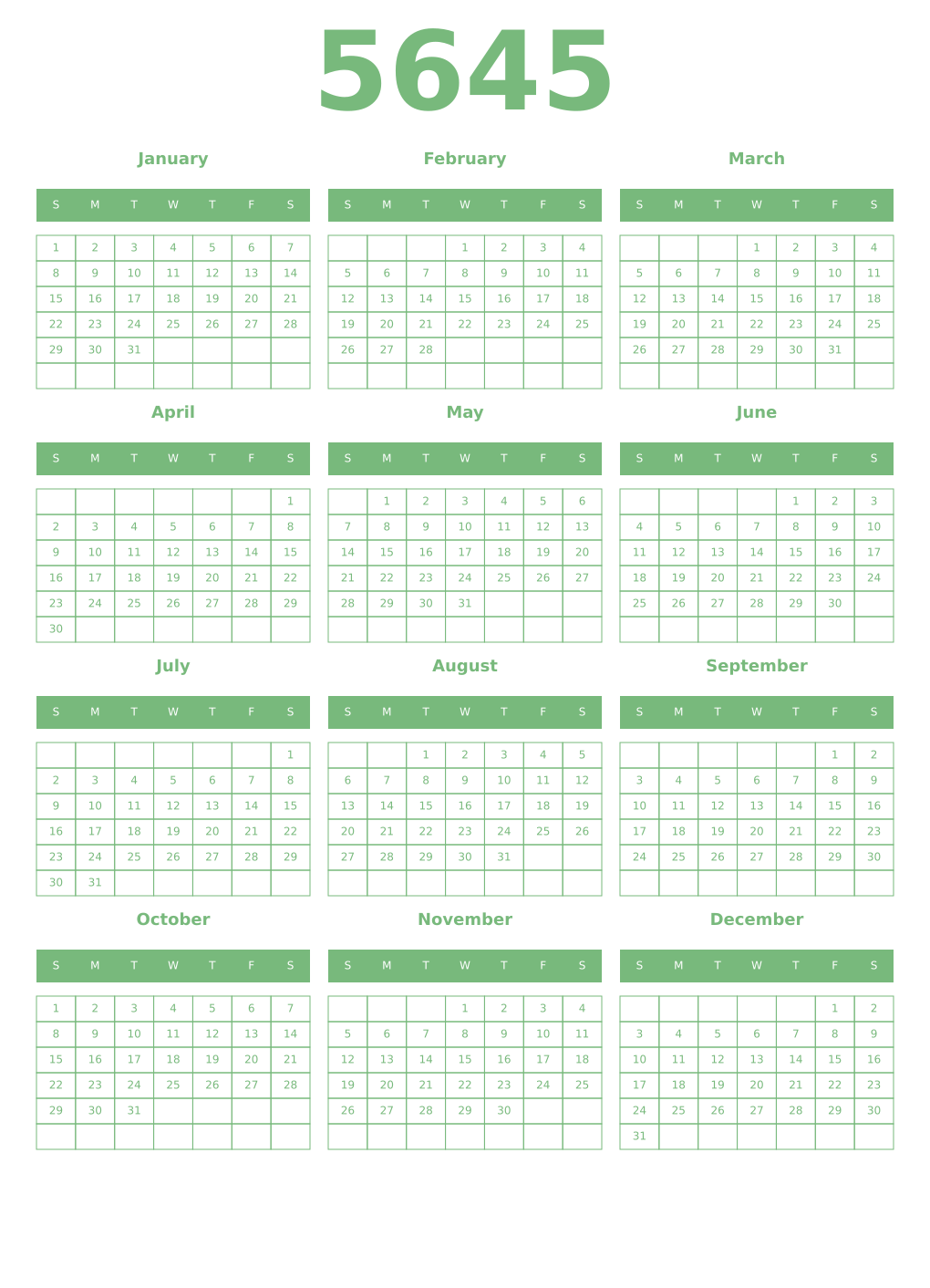 Printable 5645 Year Calendars celadon
