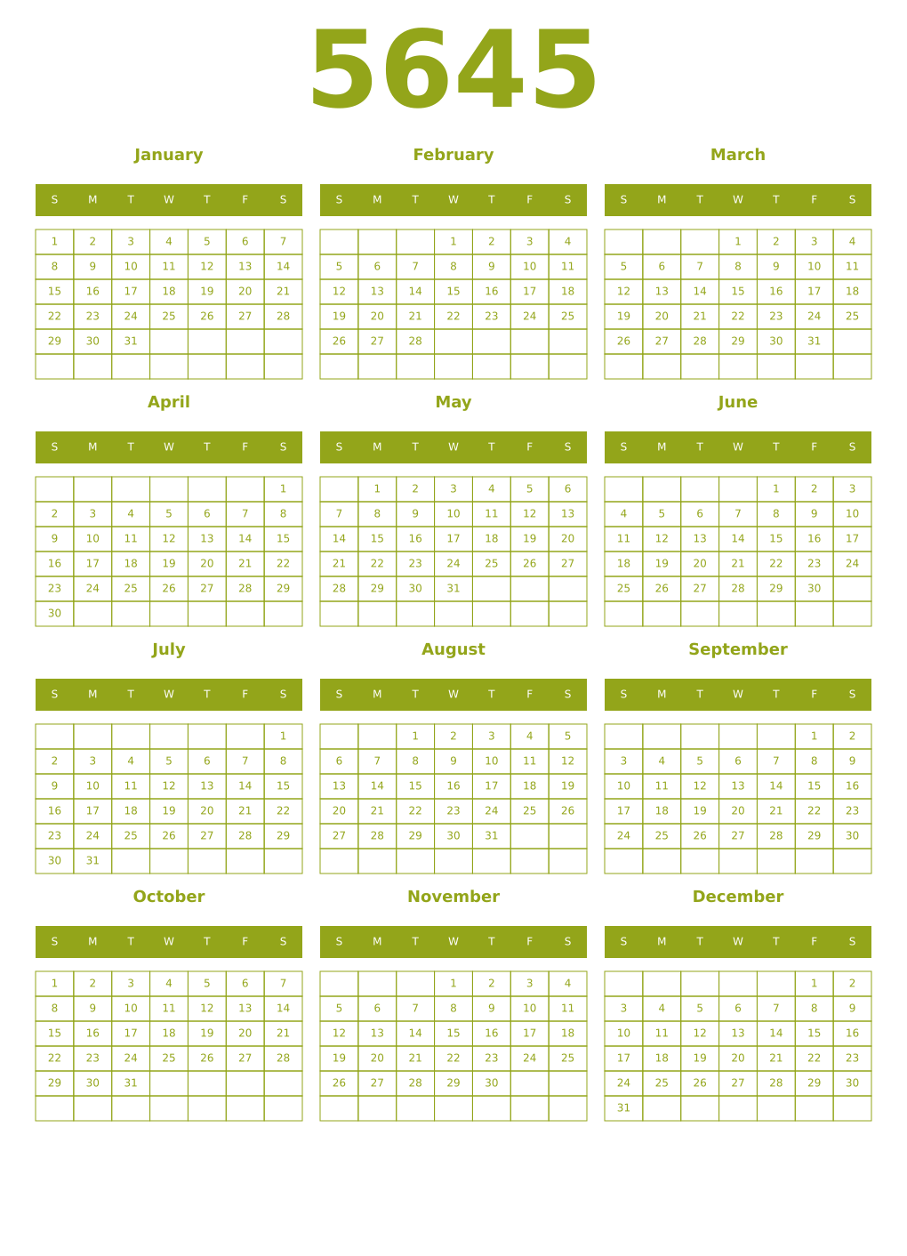 Printable 5645 Year Calendars chartreuse