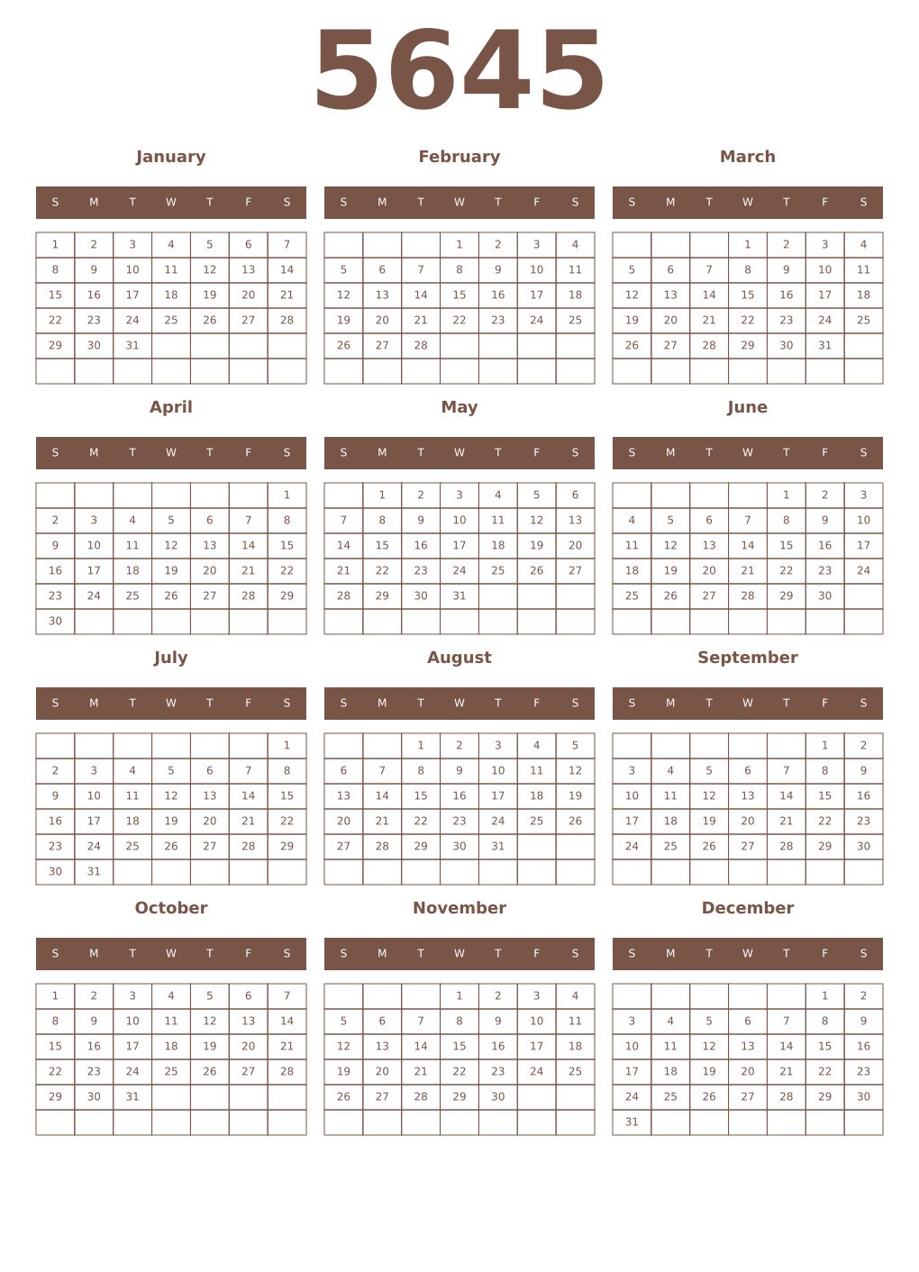 Printable 5645 Year Calendars coffe