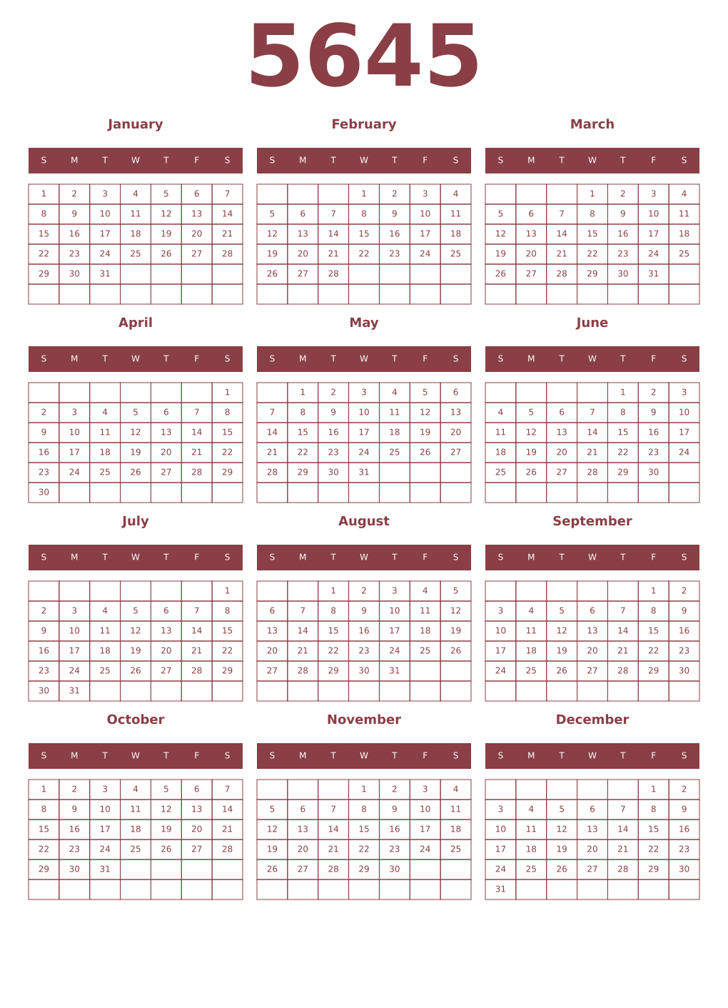 Printable 5645 Year Calendars cordovan
