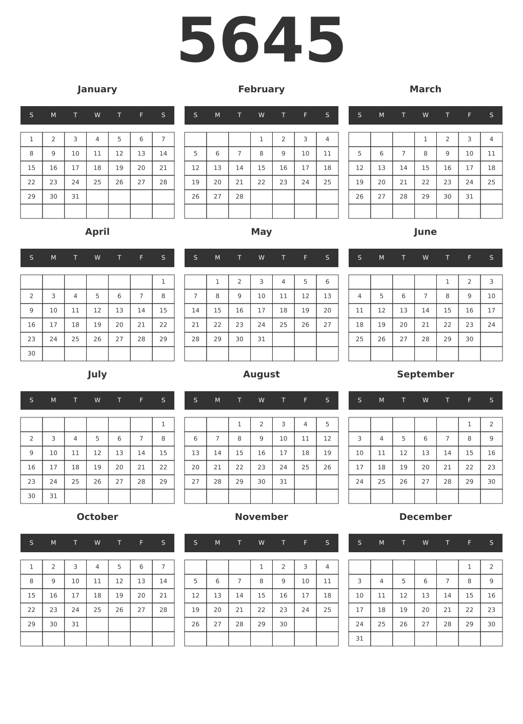 Printable 5645 Year Calendars dark