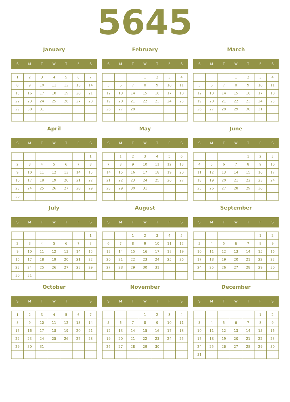 Printable 5645 Year Calendars eburnean