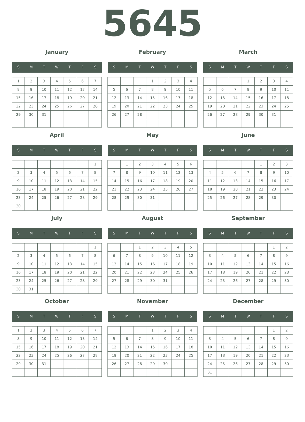Printable 5645 Year Calendars feldgrau