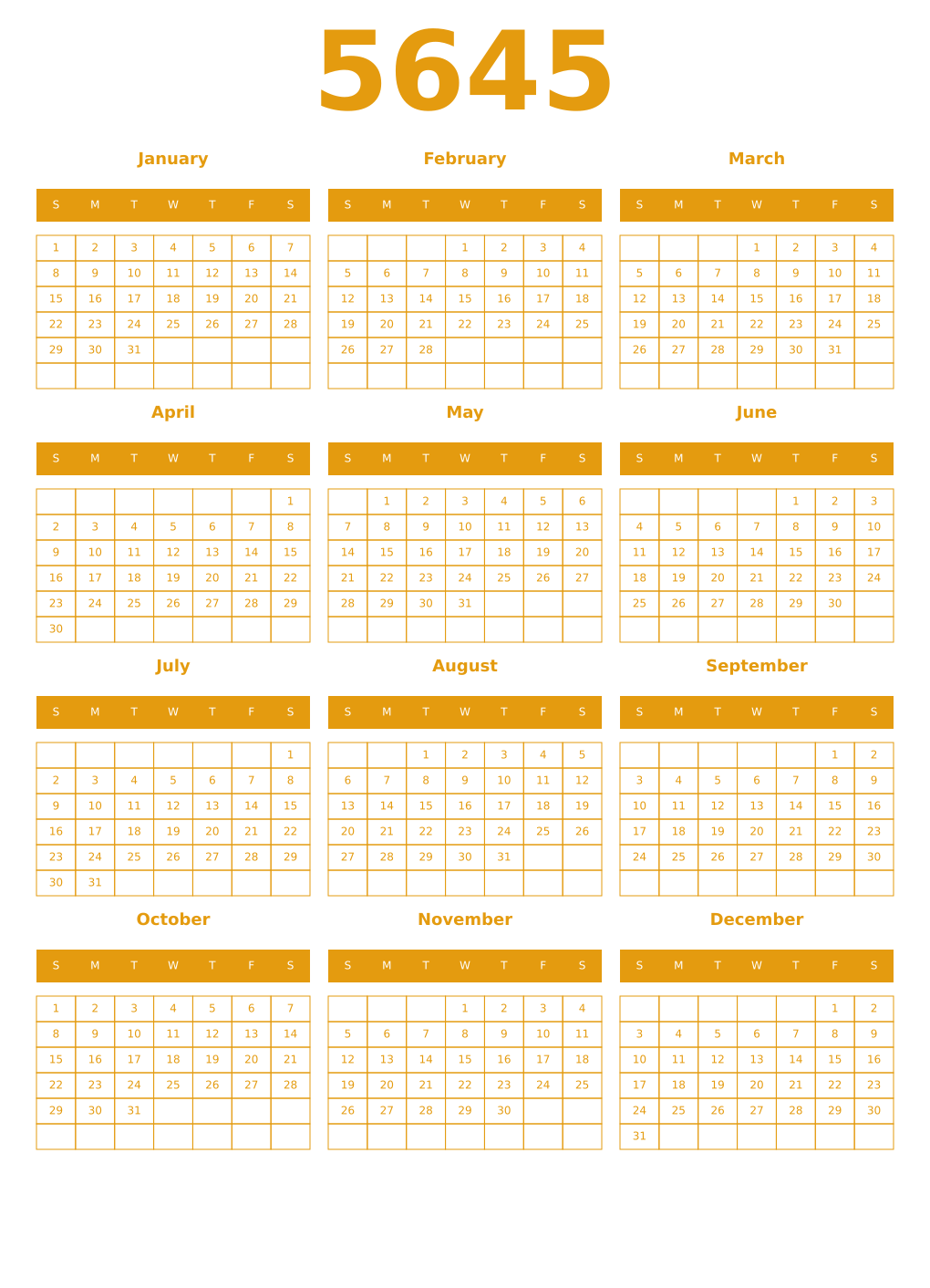 Printable 5645 Year Calendars gamboge