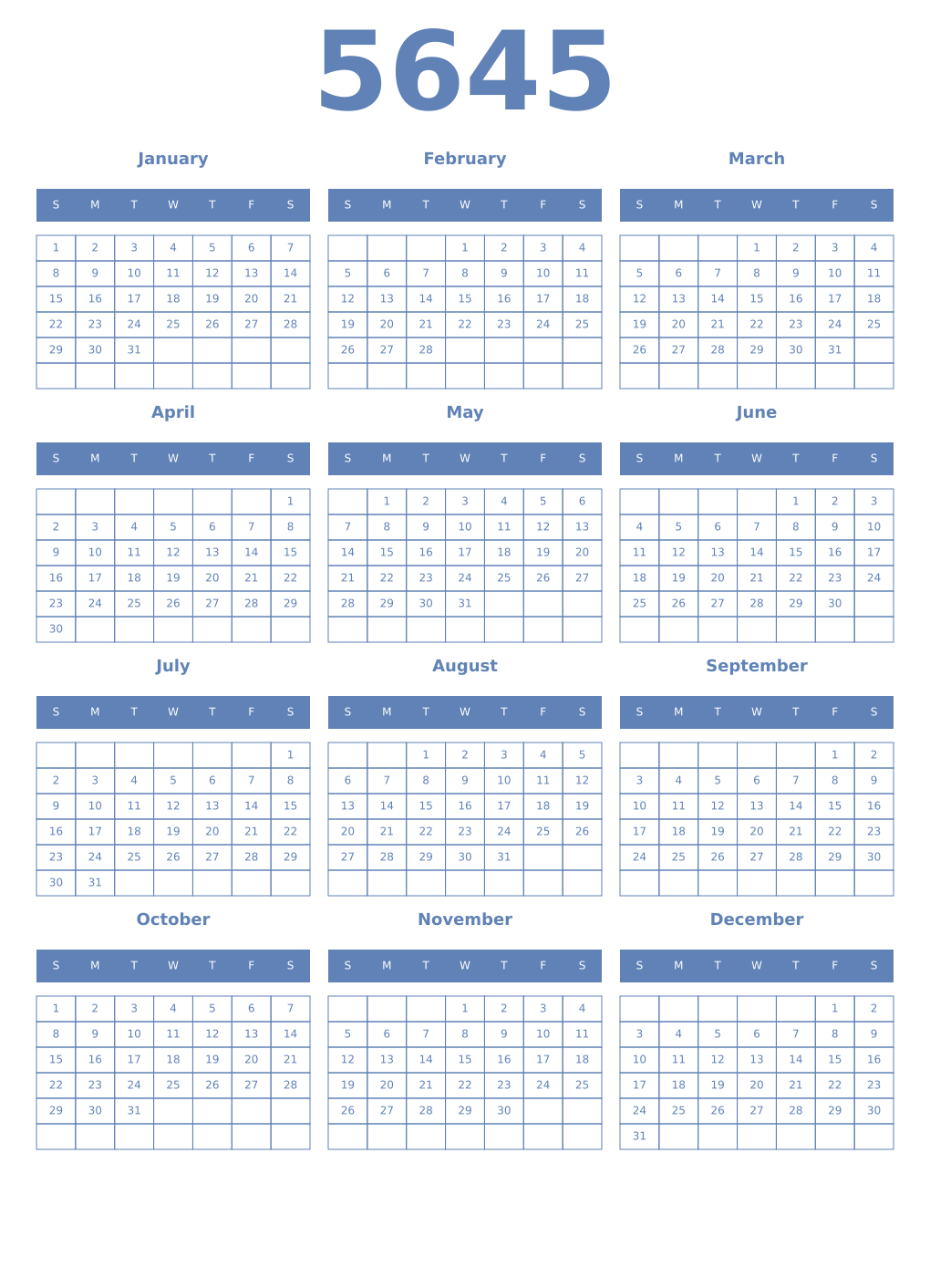 Printable 5645 Year Calendars glaucous