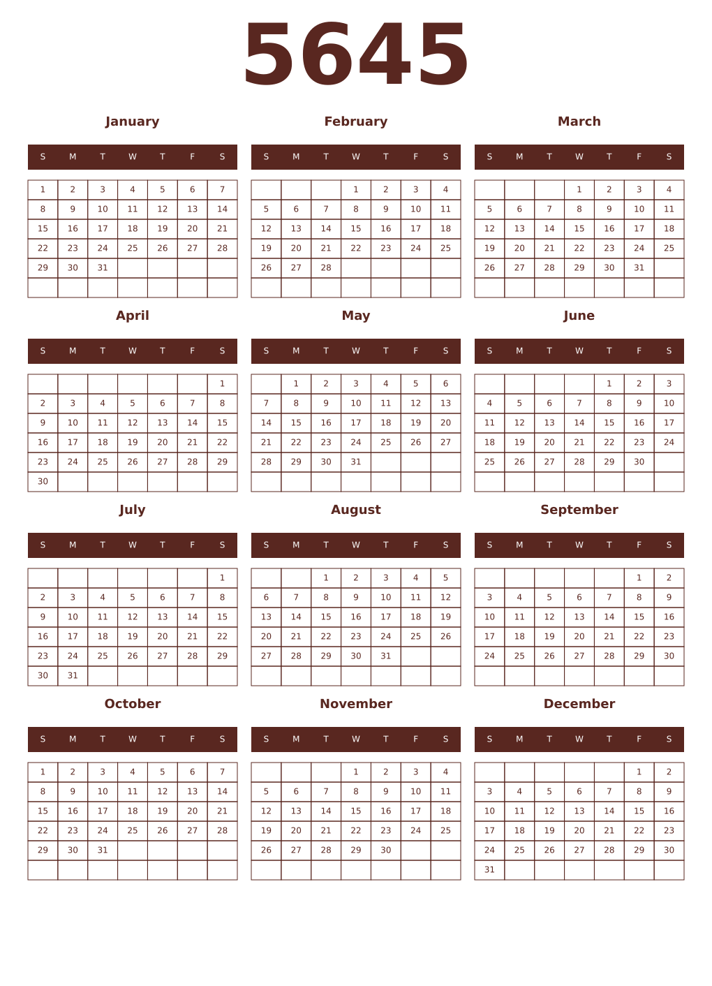 Printable 5645 Year Calendars mortuum