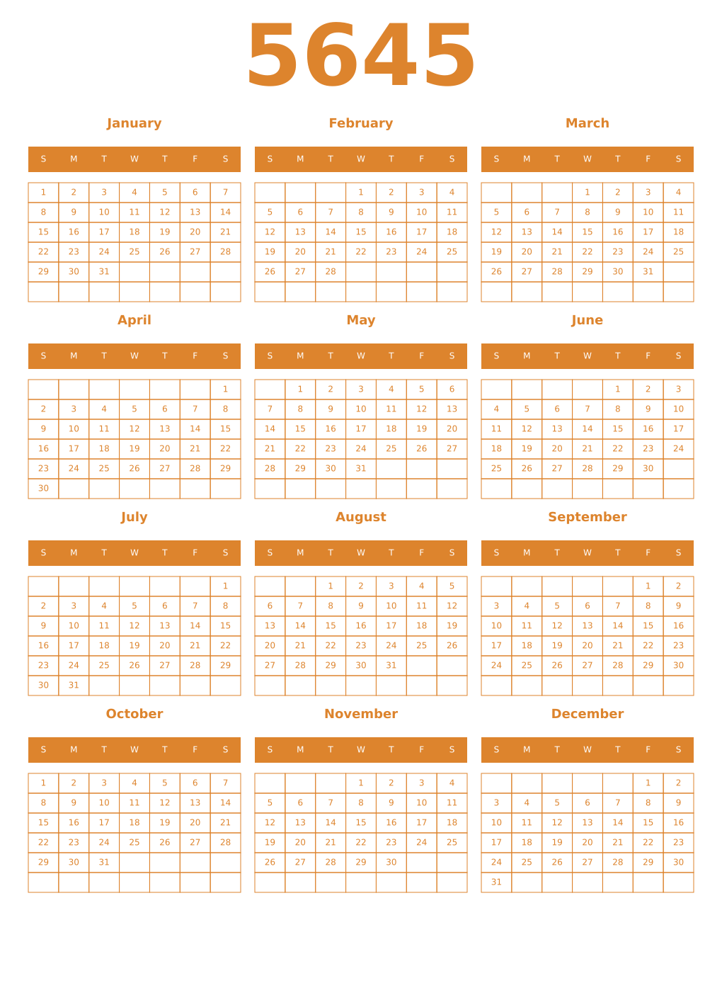 Printable 5645 Year Calendars orange