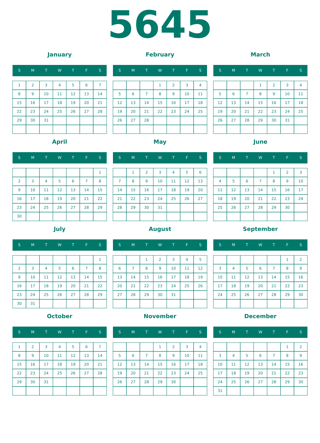 Printable 5645 Year Calendars pastel