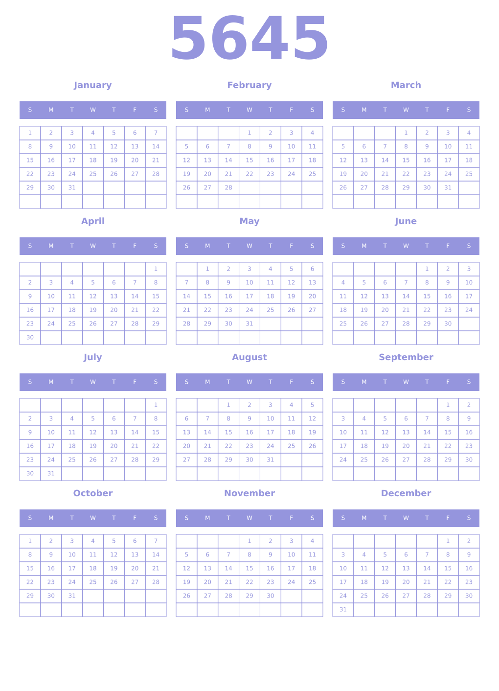 Printable 5645 Year Calendars periwinkle