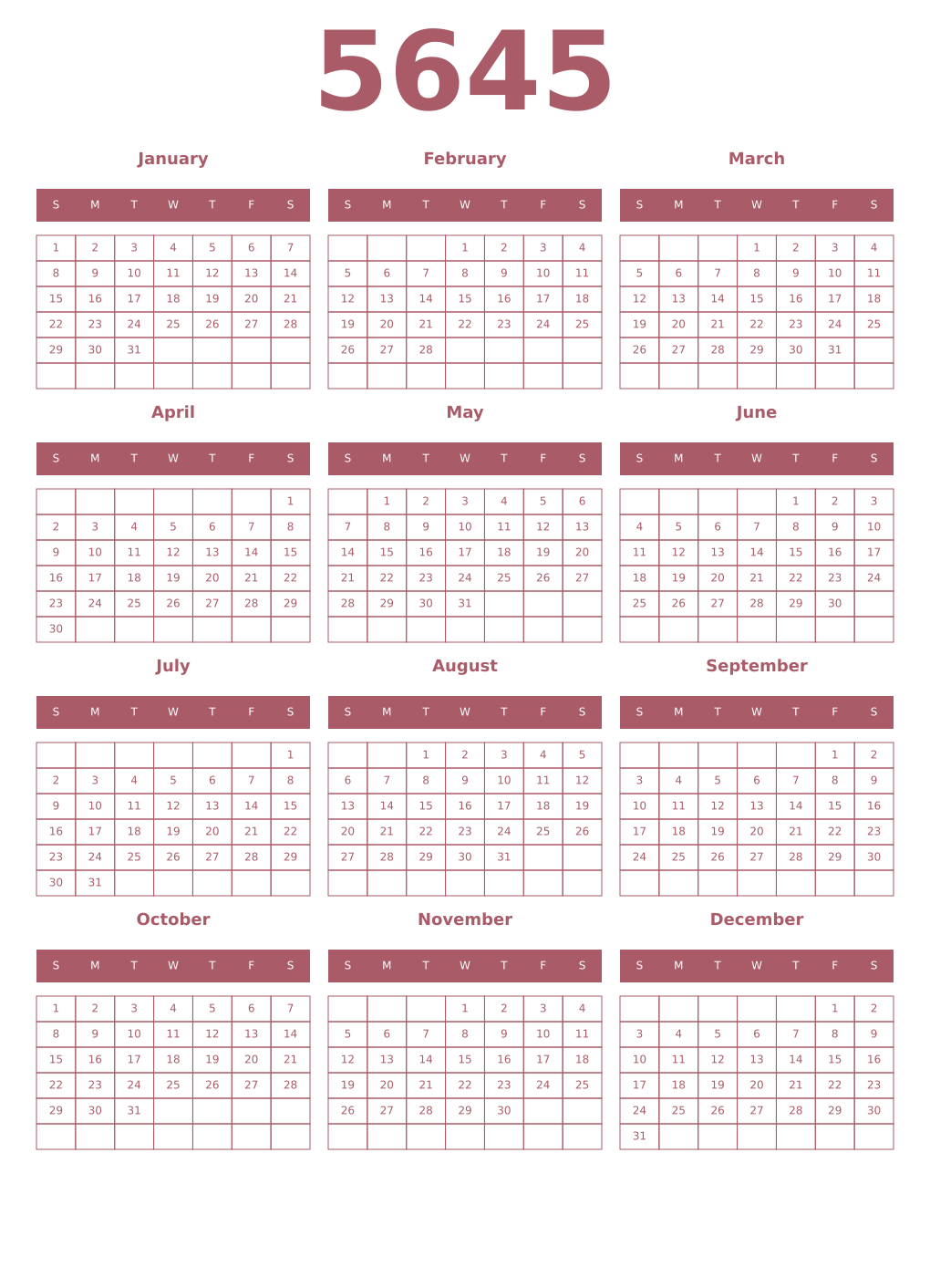 Printable 5645 Year Calendars puce