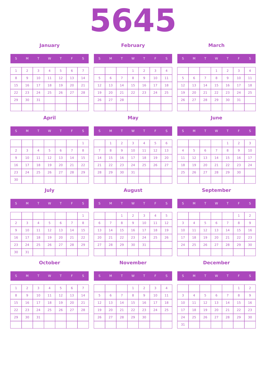 Printable 5645 Year Calendars purple