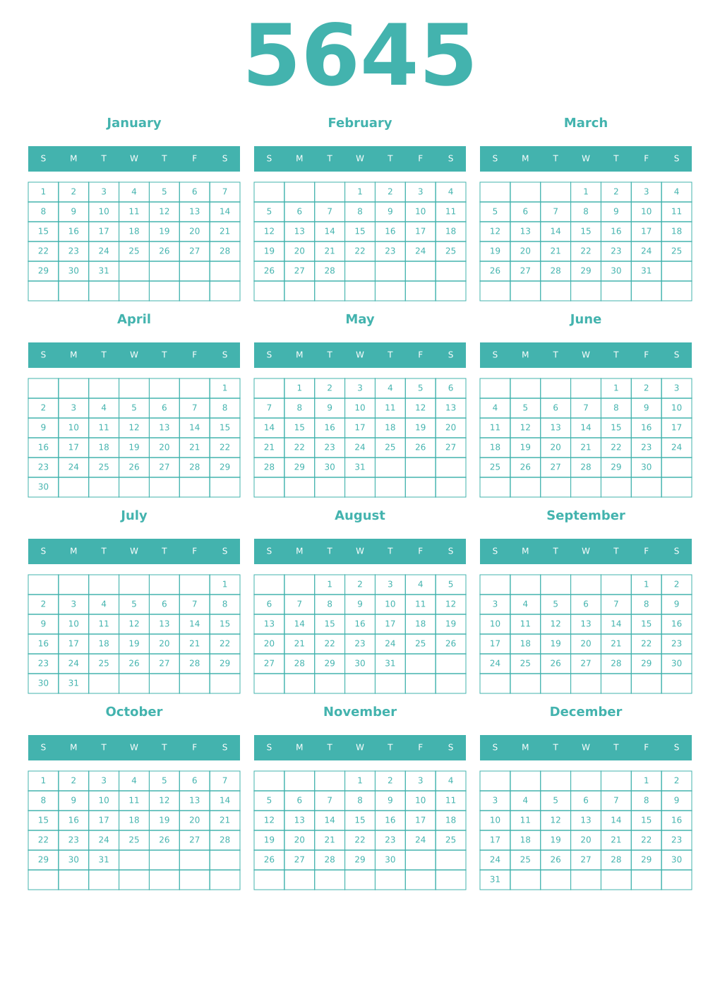 Printable 5645 Year Calendars verdigris