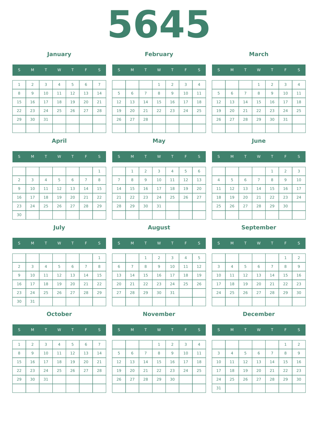 Printable 5645 Year Calendars viridian